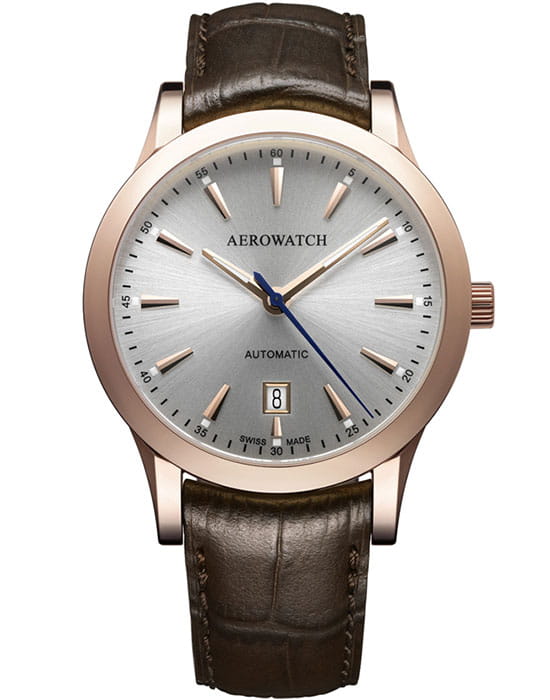 Aerowatch Aerowatch Les Grandes Classiques 60947 RO02  60947 RO02 механические мужские часы серебристый циферблат, браслет кожаный — вид спереди